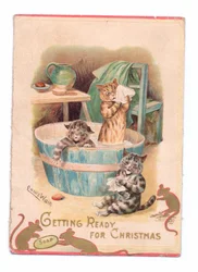 Carte de Noël victorienne de deux chats dans une baignoire tandis que deux souris jouent avec un savon, c.1880