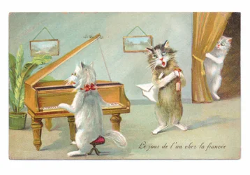 Carte postale édouardienne montrant un chat jouant du piano et un autre chantant, tandis qu
