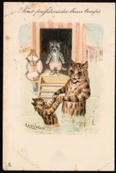 Nous profitons du beau temps. Animaux en posture humaine. Bain de mer de chats en vacances. Carte postale. Chromolithographie de Louis Wain (1860-1939), artiste anglais connu pour sa représentation de chats aux grands yeux. Début du 20ème siècle. Collectio