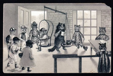 Nous profitons du beau temps. Animaux en posture humaine. Chat en jockey se faisant peser sur une balance. Carte postale. Chromolithographie de Louis Wain (1860-1939), artiste anglais connu pour sa représentation de chats aux grands yeux. Début du 20ème si