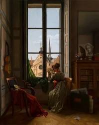 Intérieur avec une jeune femme traçant une fleur