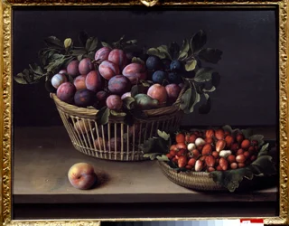 Une pêche, des fraises et un panier de fruits. Peinture de Louise Moillon (1610-1696) XVIIe siècle Toulouse, Musée des Augustins