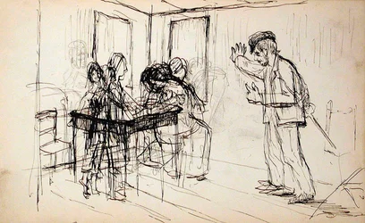 Maison en rondins (recto), figures dans un intérieur (verso)