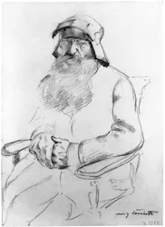 Vieil homme barbu assis avec un casque du XVIe siècle, vu de face (étude pour Götz von Berlichingen)