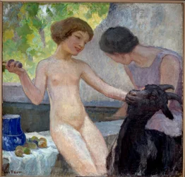 Jeune fille nue jouant avec une chèvre. Peinture de Joseph Loys Prat (1879-1934), XXe siècle. Donzere, hôtel de ville.