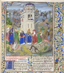Forteresse de la Foi Miniature des Saints Grégoire, Augustin, Jérôme et Ambroise combattant des démons, fin du 15e siècle