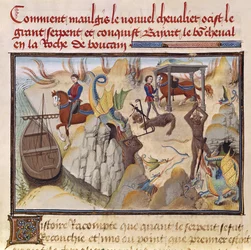 Ms 5072 fol.37v Maugis combattant le serpent et gagnant le cheval enchanté, Bayard, du cycle de Renaud de Montauban
