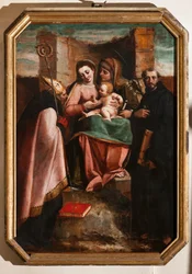 Gênes, Duomo (Cathédrale Saint-Laurent), intérieur, Baptistère (anciennement Église Saint-Jean-le-Vieux) : "Madone et Enfant parmi Sainte Anne, Saint Nicolas de Bari et Saint Nicolas de Tolentino"