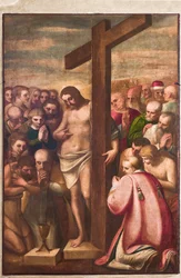 Gênes, Duomo (cathédrale Saint-Laurent), sacristie, chapelle : "Christ eucharistique adoré par les saints", par Luca Cambiaso, vers 1580