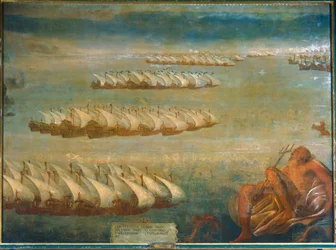 La bataille navale de Lépante en 1571, au cours de laquelle la flotte impériale de Don Juan d