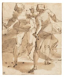 Deux personnages animés gesticulant (plume et encre, craie et lavis sur papier)