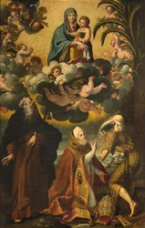 Autel de Saint Antoine, Madone et Enfant avec Saints Antoine Abbé Paul Ermite et Pape Grégoire XIV, Luke Cattapane 1593