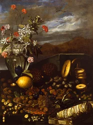 Nature morte avec fruits secs, fleurs et paysage