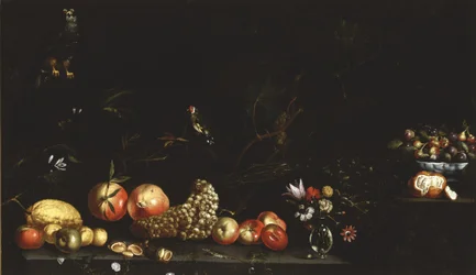 Nature morte avec fruits, fleurs, un faucon et un chardonneret, 1620-30