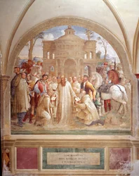 Benoît envoie Maur en France et Placide en Sicile - Fresque du cloître réalisée par Luca Signorelli racontant la vie de Saint Benoît de Nursie (480 - 567) fondateur de l