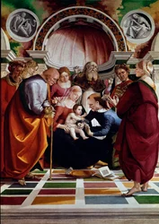 La circoncision. Parmi les personnages représentés : Saint Joseph (avec une canne), la Vierge Marie, Jésus-Christ et Saint Siméon (levant les mains au ciel). Peinture de Luca Signorelli (ca. 1445-1523) vers 1491. Londres, National Gallery