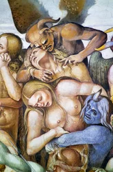 Damné en enfer, détail avec autoportrait de Luca Signorelli en démon bleu, du cycle de fresques du Jugement Dernier