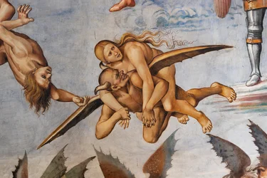Condamné en enfer, détail du démon volant portant un pécheur prospère sur ses épaules et regardant en arrière vers elle en souriant, manifestement satisfait de la proie