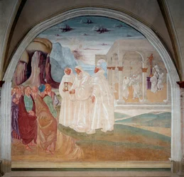 Saint Benoît évangélise les habitants de Monte Cassino, en arrière-plan les moines abattent une statue d