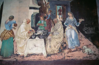 Saint Benoît réprimandant deux moines qui ont violé la Règle, scène des Histoires de Saint Benoît de Monte Oliveto Maggiore