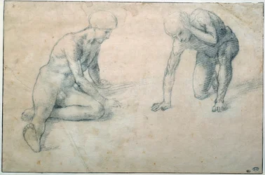 Deux hommes nus accroupis. Dessin de Luca Signorelli (1441-1523), XVe siècle. H. 0,31 x 0,7 m, Paris, Musée du Louvre