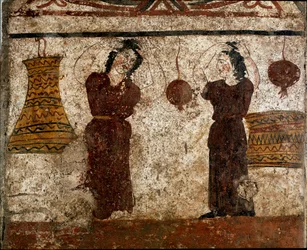 Un groupe de danseurs pendant un rite funéraire. Fresque lucanienne du IVe siècle av. J.-C., provenant de la nécropole de Paestum, Italie. Museo Nazionale Archeologico, Paestum