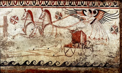 Une victoire menée par un bige Fresque lucanienne du 4e siècle av. J.-C., provenant de la nécropole de Paestum, Italie. Museo nazionale archeologico, Paestum