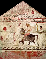 Le retour du guerrier victorieux. Fresque lucanienne du IVe siècle av. J.-C., provenant de la tombe 86 de la nécropole d
