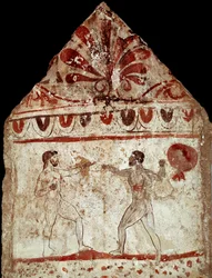 Deux athlètes jouant au pugilat (boxe) Fresque lucanienne du 4ème siècle av. J.-C., de la nécropole de Paestum, Italie. Museo nazionale archeologico, Paestum