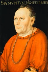 Portrait de Sigmunt Kingsfelt, mi-longueur, portant un costume rouge