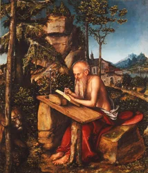 Saint Jérôme écrivant dans un paysage rocheux, vers 1515