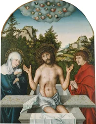 Retable de Pfirtscher : Le Christ, homme de douleur, assis sur un sarcophage entre la Vierge et saint Jean [panneau central].