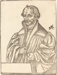 Philip Melanchton, mi-longueur à gauche, debout derrière un parapet