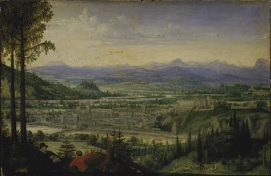 Vue de Linz avec un artiste dessinant au premier plan