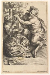 Satyre avec raisins et deux tigres