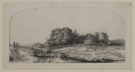 Paysage avec une grange à foin et un troupeau de moutons