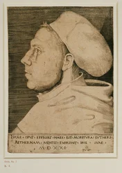 Martin Luther avec un bonnet de médecin. Gravure ... (gravure)
