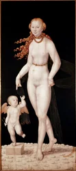 Vénus et Cupidon. Peinture de Lucas Cranach le Jeune (1515-1586), vers 1540. Dimensions : 196 x 89 cm. Munich, Alte Pinakothek