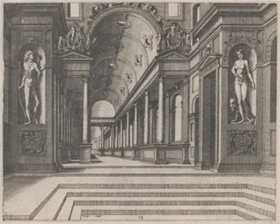 Vue dans une église avec colonnes corinthiennes et statues d