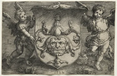 Un bouclier portant un masque soutenu par deux génies, 1527