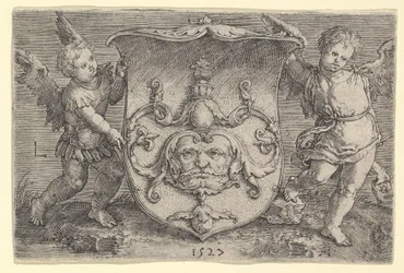 Blason avec un masque, tenu par deux génies