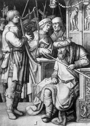 David jouant de la harpe devant le roi Saül, vers 1508, par Lucas van Leyden, gravure