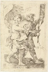 Deux garçons avec un casque et une bannière