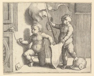 Deux enfants nus soutenant un écu vierge, vers 1510