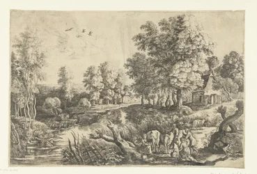 Paysans avec bétail près d