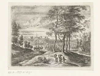 Paysage forestier avec deux femmes et un garçon avec un panier