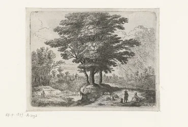 Trois arbres, un berger avec des moutons et un chien