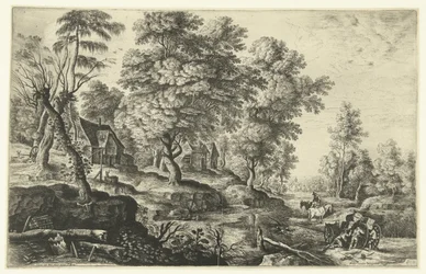 Paysage avec hommes poussant une charrette