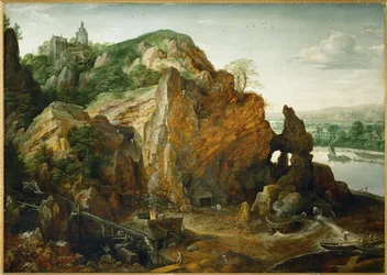 Paysage sur la Meuse avec mine de fer et four de fusion, peut-être le château de Beaufort