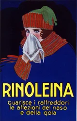 Publicité pour le médicament Rinoleina contre les rhumes, maux de gorge et toux. Illustration de Lucien Achille Mauzan (1883 - 1952).